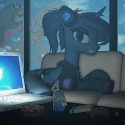 Size: 2000x2000 | Tagged: safe, artist:feuerrader-nmm, princess celestia, princess luna, alicorn, pony, 3d, alternate hairstyle, candy, clothes, computer, donut, female, food, gamer luna, headphones, hoodie, laptop computer, looking at you, mare, ponytail, prone, socks, solo focus, striped socks