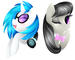 Size: 1024x816 | Tagged: safe, artist:xeella, dj pon-3, octavia melody, vinyl scratch, earth pony, pony, headphones, wink