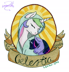 Size: 1788x1890 | Tagged: safe, artist:lechu-zaz, princess celestia, twilight sparkle, unicorn twilight, alicorn, pony, unicorn, clothes, eyes closed, female, hoodie, mare, sunburst background, sunlight, traditional art