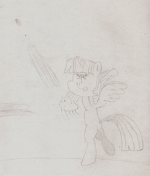 Size: 1501x1753 | Tagged: safe, artist:flareblitzfury, derpibooru import, twilight sparkle, twilight sparkle (alicorn), alicorn, pony, baseball, baseball bat, eyes closed, monochrome, solo, traditional art