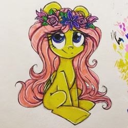 Size: 960x960 | Tagged: safe, artist:grelkachesh, fluttershy, pegasus, pony, female, floral head wreath, flower, folded wings, looking up, mare, missing cutie mark, sitting, smiling, solo, traditional art