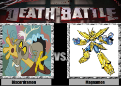 Size: 841x600 | Tagged: safe, discord, death battle, digimon, magnamon, meta