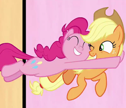 Size: 397x341 | Tagged: safe, screencap, applejack, pinkie pie, earth pony, pony, fame and misfortune, flawless, glomp, hug