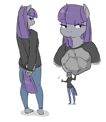 Size: 1915x2193 | Tagged: safe, artist:glacierclear, maud pie, anthro, earth pony, plantigrade anthro, barefoot, bedroom eyes, boulder, clothes, feet, female, looking at you, looking back, simple background, solo, white background