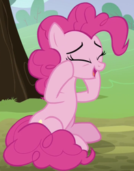 Size: 1064x1356 | Tagged: safe, screencap, pinkie pie, earth pony, pony, the maud couple, cropped, eyes closed, female, mare, open mouth, sitting, solo