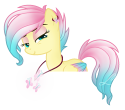 Size: 905x797 | Tagged: safe, artist:lazulys2, fluttershy, pegasus, pony, alternate hairstyle, base used, colored wings, jewelry, lidded eyes, multicolored wings, necklace, rock, simple background, solo, transparent background