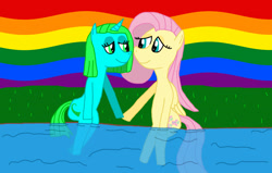 Size: 3474x2203 | Tagged: safe, artist:sb1991, fluttershy, oc, oc:ocean blue, pegasus, pony, unicorn, canon x oc, challenge, equestria amino, female, gay pride flag, lesbian, lgbt, lidded eyes, pride, pride flag, pride month, sitting, water