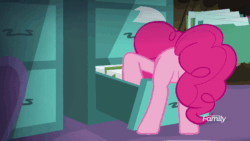 Size: 960x540 | Tagged: safe, screencap, pinkie pie, earth pony, pony, the maud couple, animated, balloonbutt, butt, butt shake, discovery family logo, female, file cabinet, mare, party cave, plot, solo