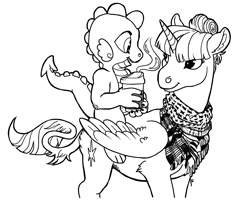 Size: 1280x1024 | Tagged: safe, artist:spectralunicorn, derpibooru import, spike, twilight sparkle, twilight sparkle (alicorn), alicorn, classical unicorn, dragon, pony, alternate hairstyle, black and white, clothes, coffee, cup, dragons riding ponies, duo, female, grayscale, hair bun, keffiyeh, leonine tail, male, mare, monochrome, riding, scarf, simple background, smiling, white background