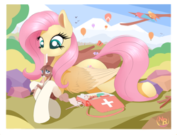 Size: 7004x5340 | Tagged: safe, artist:nevobaster, fluttershy, bird, butterfly, deer, parrot, pegasus, pony, absurd resolution, bandage, clothes, colored wings, crimson rosella, cute, doe, female, first aid, first aid kit, fluttermom, gloves, hot air balloon, injured, kindness, looking at each other, mare, medicine, mouth hold, prone, scissors, shyabetes, solo, wings