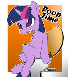 Size: 1024x1157 | Tagged: dead source, safe, artist:justfrankska, derpibooru import, twilight sparkle, but why, constipated, female, implied pooping, potty time, solo, sweat, toilet, toilet sparkle