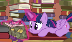 Size: 1081x625 | Tagged: safe, derpibooru import, screencap, twilight sparkle, twilight sparkle (alicorn), alicorn, pony, pinkie apple pie, book, cute, prone, reading, smiling, solo