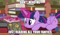 Size: 864x500 | Tagged: safe, derpibooru import, edit, edited screencap, screencap, twilight sparkle, twilight sparkle (alicorn), alicorn, pony, pinkie apple pie, fanfic, image macro, meme, solo, twilight loves fanfiction