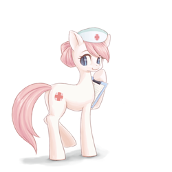 Size: 700x700 | Tagged: safe, artist:ringo, nurse redheart, earth pony, pony, clipboard, female, looking back, mare, pink mane, pink tail, pixiv, side view, simple background, smiling, solo, white background, white coat