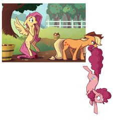 Size: 1620x1750 | Tagged: safe, artist:28gooddays, applejack, fluttershy, pinkie pie, earth pony, pegasus, pony, apple, biting, breaking the fourth wall, cowboy hat, description is artwork too, description is relevant, female, floppy ears, food, fourth wall, fourth wall destruction, hat, mare, meta, mouth hold, open mouth, pinkie being pinkie, simple background, spread wings, sweet apple acres, tail bite, transparent background, wide eyes, wings, worried