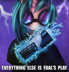 Size: 1100x1149 | Tagged: safe, artist:ventious, dj pon-3, vinyl scratch, pony, unicorn, caption, nintendo, parody, power glove, smiling, solo