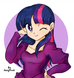 Size: 1600x1676 | Tagged: safe, artist:nancysauria, derpibooru import, twilight sparkle, human, clothes, dress, female, humanized, looking at you, one eye closed, signature, smiling, solo, wink