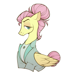 Size: 2523x2823 | Tagged: safe, artist:draw-draw-goose, fluttershy, pegasus, pony, fake it 'til you make it, alternate hairstyle, clothes, female, mare, severeshy, simple background, solo, transparent background