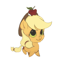 Size: 768x768 | Tagged: safe, artist:assasinmonkey, artist:mr square, edit, applejack, earth pony, pony, :t, animated, apple, balancing, chibi, cowboy hat, cute, female, food, gif, hat, jackabetes, looking up, mare, simple background, smiling, solo, transparent background, walking