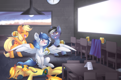 Size: 3900x2577 | Tagged: safe, artist:scarlet-spectrum, applejack, oc, oc:yaktan, earth pony, pegasus, pony, alcohol, bar, commission, drunk, drunk aj, eyes closed, female, male, mare, spread wings, stallion, wings