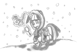 Size: 3450x2400 | Tagged: safe, artist:leadhooves, derpibooru import, twilight sparkle, clothes, magic, magnifying glass, monochrome, quill, saddle, scarf, snow, snowfall, solo