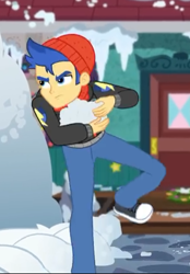 Size: 332x477 | Tagged: safe, screencap, flash sentry, better together, equestria girls, holidays unwrapped, clothes, converse, cropped, hat, pants, shoes, sneakers, snow, snowball