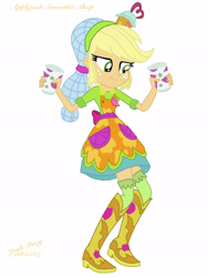 Size: 1536x2048 | Tagged: safe, artist:joshstacy, applejack, eqg summertime shorts, equestria girls, shake things up!, clothes, cup, female, freckles, kneesocks, socks, zettai ryouiki