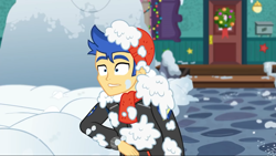 Size: 1280x720 | Tagged: safe, screencap, flash sentry, better together, equestria girls, holidays unwrapped, clothes, hat, male, scarf, snow