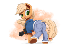 Size: 2700x1890 | Tagged: safe, artist:j24262756, applejack, earth pony, pony, atg 2017, camera, clothes, female, freckles, looking back, mare, newbie artist training grounds, photography, solo, tongue out