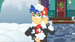 Size: 1280x720 | Tagged: safe, screencap, flash sentry, better together, equestria girls, holidays unwrapped, clothes, hat, male, scarf, snow