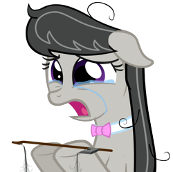 Size: 752x750 | Tagged: source needed, safe, artist:synch-anon, octavia melody, earth pony, pony, bow (instrument), broken, crying, female, floppy ears, frown, hoof hold, lidded eyes, mare, messy mane, open mouth, sad, simple background, solo, teary eyes, tragedy, transparent background, upset