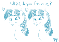 Size: 1321x946 | Tagged: safe, artist:thethunderpony, twilight sparkle, comparison, monochrome, simple background, sketch, solo, spot the difference, white background