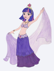 Size: 900x1177 | Tagged: safe, artist:zellykat, derpibooru import, twilight sparkle, human, armpits, belly button, belly dancer, belly dancer outfit, crown, ear piercing, humanized, jewelry, midriff, piercing, regalia, solo, traditional art