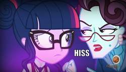 Size: 1226x704 | Tagged: safe, derpibooru import, edit, principal abacus cinch, sci-twi, twilight sparkle, equestria girls, friendship games, hissing, image macro, meme, text edit, unleash the magic