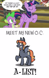 Size: 1366x2160 | Tagged: safe, artist:toonbat, derpibooru import, spike, twilight sparkle, twilight sparkle (alicorn), oc, oc:a-list, alicorn, bat pony, pony, applejack's "day" off, comic sans, implied canon x oc, implied shipping, joke oc