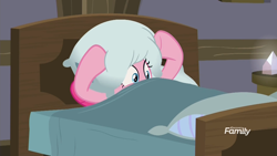 Size: 1920x1080 | Tagged: safe, screencap, pinkie pie, earth pony, pony, the maud couple, bed, discovery family logo, pillow, pillow hat, solo