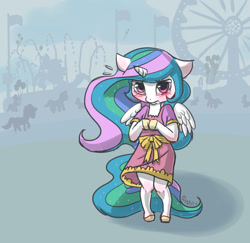 Size: 1500x1455 | Tagged: safe, artist:furnut5158, princess celestia, alicorn, pony, semi-anthro, anthro with ponies, blushing, clothes, cute, cutelestia, dress, embarrassed, female, ferris wheel, hooves to the chest, mare, solo