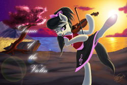 Size: 4680x3120 | Tagged: safe, artist:althyra-nex, octavia melody, earth pony, pony, active stretch, bipedal, clothes, dancing, lens flare, lindsey stirling, solo, sunset, text, violin