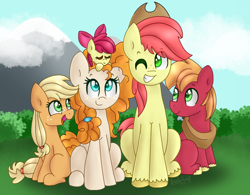 Size: 1024x799 | Tagged: safe, artist:huskywo1f, apple bloom, applejack, big macintosh, bright mac, pear butter, earth pony, pony, the perfect pear, apple family, brightbutter, cute, daaaaaaaaaaaw, family, female, male, one eye closed, shipping, sitting, straight, wink, younger