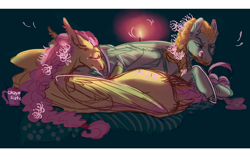 Size: 1000x656 | Tagged: safe, artist:eqq_scremble, derpibooru exclusive, fluttershy, zephyr breeze, pegasus, pony, braid, braided tail, braiding, brother, brother and sister, candle, female, flower, flower in hair, male, pincushionzephyr, preening, sibling bonding, siblings, sister