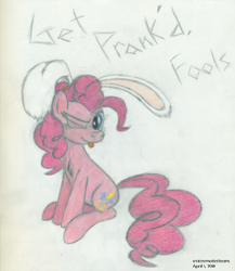 Size: 2481x2864 | Tagged: safe, artist:ericremotesteam, pinkie pie, earth pony, pony, april fools, bunny ears, chest fluff, colored pencil drawing, cute, cutie mark, diapinkes, easter, easter fools day, fake ears, female, handwriting, holiday, one eye closed, prismacolors, simple background, sitting, solo, tongue out, traditional art, white background, wink