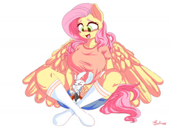 Size: 2000x1500 | Tagged: safe, artist:velcius, angel bunny, fluttershy, anthro, pegasus, rabbit, vampire, animal, big breasts, breasts, clothes, dress, hootershy, huge breasts