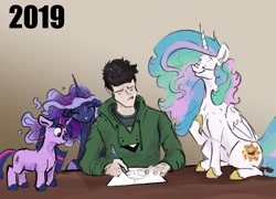 Size: 2571x1855 | Tagged: safe, artist:greyscaleart, princess celestia, princess luna, twilight sparkle, unicorn twilight, oc, oc:human grey, alicorn, human, pony, unicorn, :>, :d, :p, alternate cutie mark, colored hooves, constellation freckles, drawing, eyes closed, female, floppy ears, frown, gradient background, gray background, grin, head tilt, mare, missing accessory, raised eyebrow, simple background, sitting, smiling, stubby, tongue out