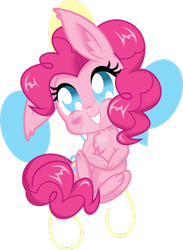 Size: 800x1090 | Tagged: safe, artist:nstone53, pinkie pie, earth pony, pony, rabbit, bunnified, chest fluff, chibi, cute, diapinkes, female, looking at you, mare, on back, paws, simple background, smiling, solo, species swap, transparent background, watermark