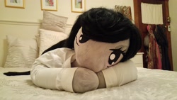 Size: 5312x2988 | Tagged: safe, artist:bigsexyplush, artist:somethingaboutoctavia, octavia melody, anthro, anthro plushie, bed, bedroom eyes, clothes, cute, doll, irl, lying, offscreen character, photo, plushie, pov, resting, shirt, tavibetes, toy