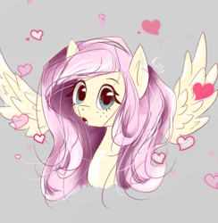 Size: 782x800 | Tagged: safe, artist:kittumera, fluttershy, pegasus, pony, bust, cute, female, floating wings, gray background, heart, looking at you, mare, open mouth, portrait, shyabetes, simple background, solo, spread wings, wings