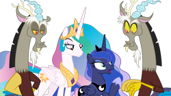 Size: 6000x3375 | Tagged: safe, artist:sketchmcreations, discord, princess celestia, princess luna, alicorn, draconequus, pony, the ending of the end, double, female, looking at each other, male, mare, open mouth, raised hoof, simple background, smiling, transparent background, vector
