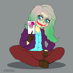 Size: 1000x1000 | Tagged: safe, artist:empyu, fluttershy, pinkie pie, equestria girls, card, clothes, cosplay, costume, crossed legs, female, makeup, simple background, the joker