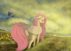 Size: 3373x2440 | Tagged: safe, artist:vinicius040598, fluttershy, butterfly, pegasus, pony, female, floppy ears, flower, flower field, folded wings, freckles, grass, grass field, looking at you, looking back, looking back at you, outdoors, profile, signature, solo, standing, sunflower, sunset