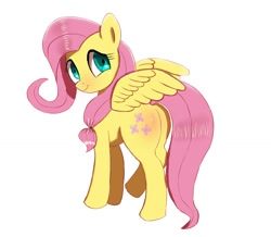 Size: 1500x1306 | Tagged: safe, artist:welive, fluttershy, pegasus, pony, alternate hairstyle, cute, female, looking at you, looking back, looking back at you, mare, plot, shyabetes, simple background, smiling, solo, spread wings, white background, wings